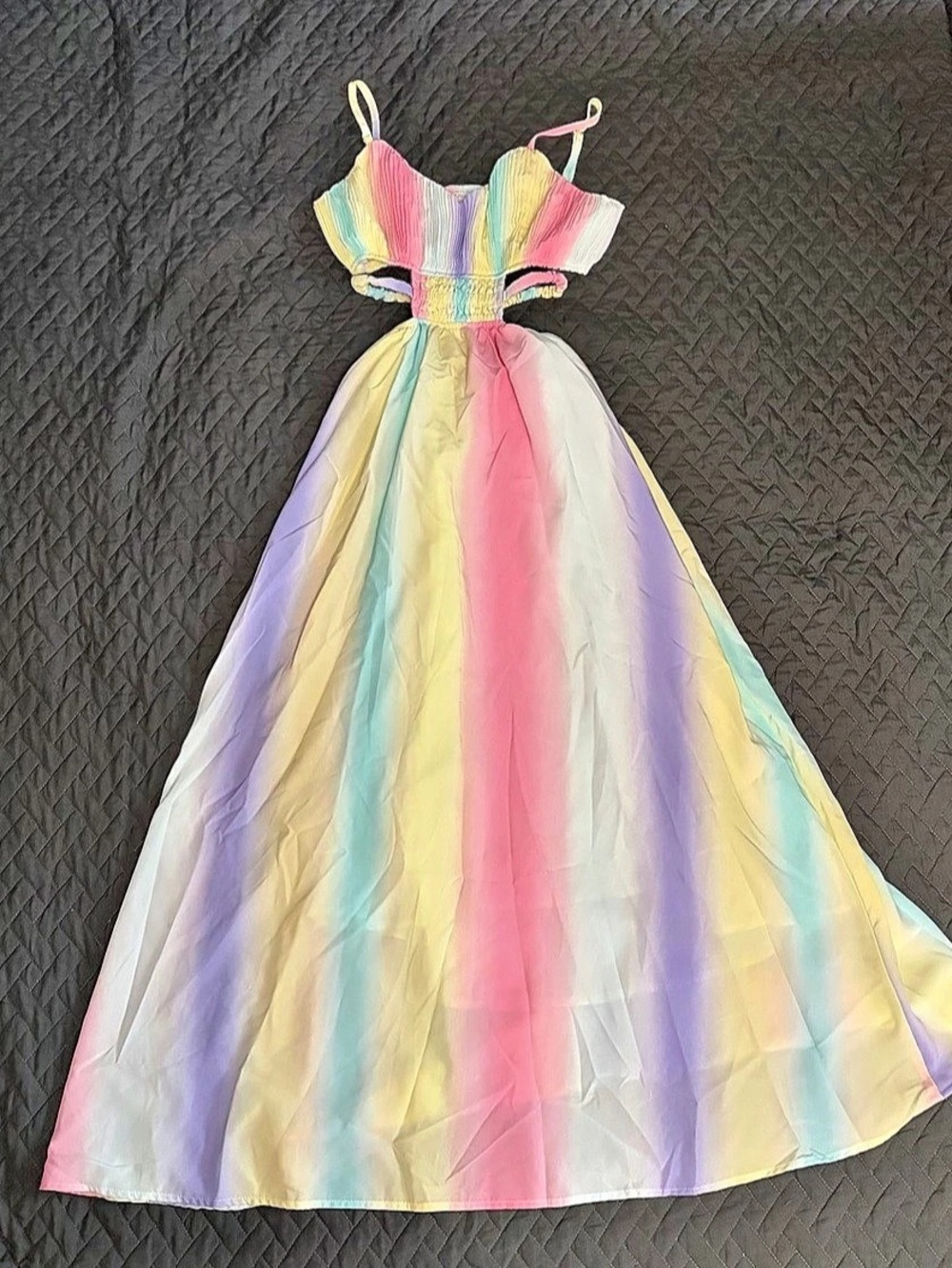 Haute XS Pastel Rainbow Cutout Maxi Dress Open Back Festival Vacation